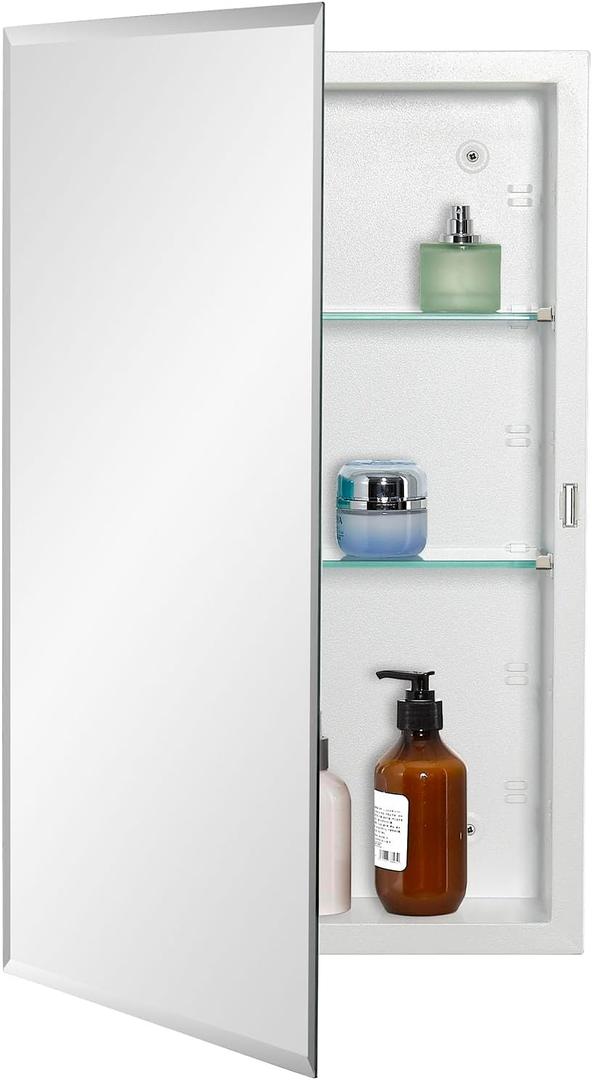 IDYLLOR Bathroom Medicine Cabinet with Beveled Edge Mirrored Door 15 x 24 inch, Recessed or Surface Mount, with Adjustable Glass Shelves