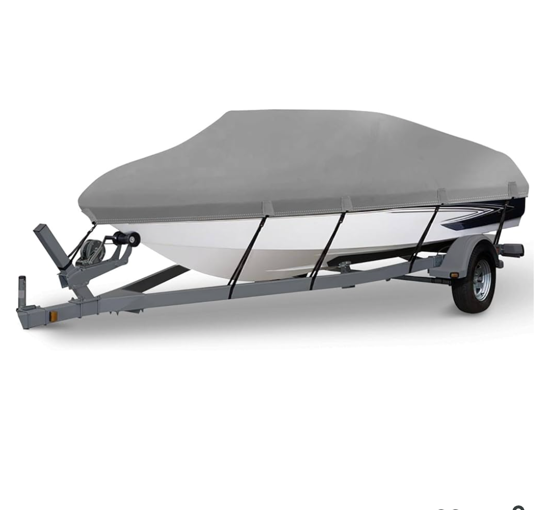 HAHASOLE Heavy Duty 1200D PU Waterproof Boat Cover, 23'- 24' Trailerable Marine Grade Polyester Canvas, Fits 23-24ft V-Hull, Tri-Hull, Fishing Boat, Runabout, Pro-Style Bass Boat with Tightening Strap