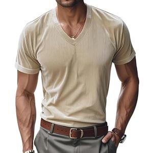 TAFLE Mens T Shirts Summer Short Sleeve V Neck T-Shirt Casual Corduroy Shirt Fitted Tee Shirt, M