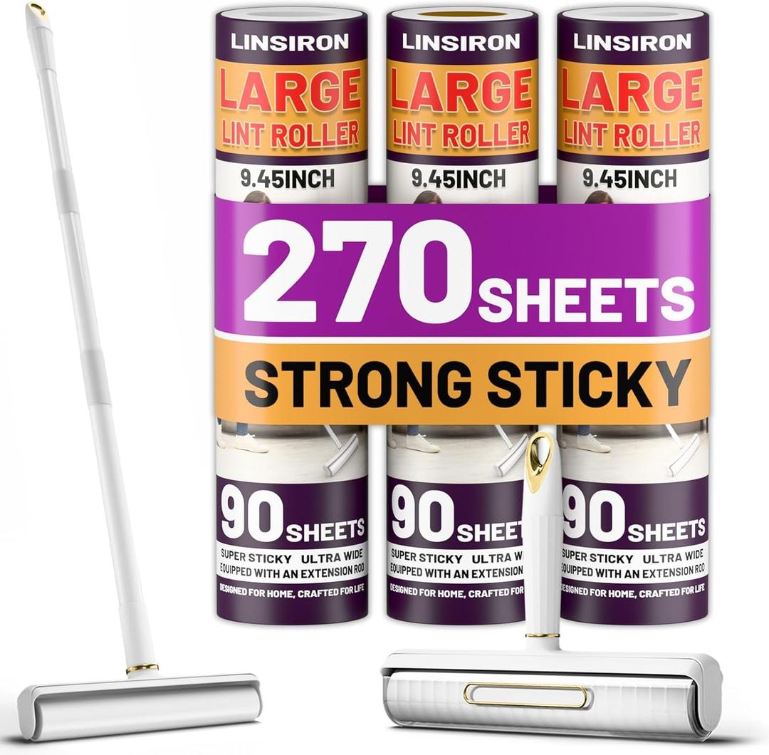 Large Lint Roller Pet Hair Remover 270 Adhesive Sheets Rollers 9.45 Extra Sticky Dog Cat Adjustable Handle 7.9-47.6 Inch, 3 Replaceable Rolls 90 Sheets Each, 3 Extension Rods for 4 Heights