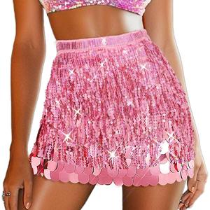 REETAN Fringe Sequin Skirt Belly Dance Sparkly Tassel Skirts for Women (Pink)