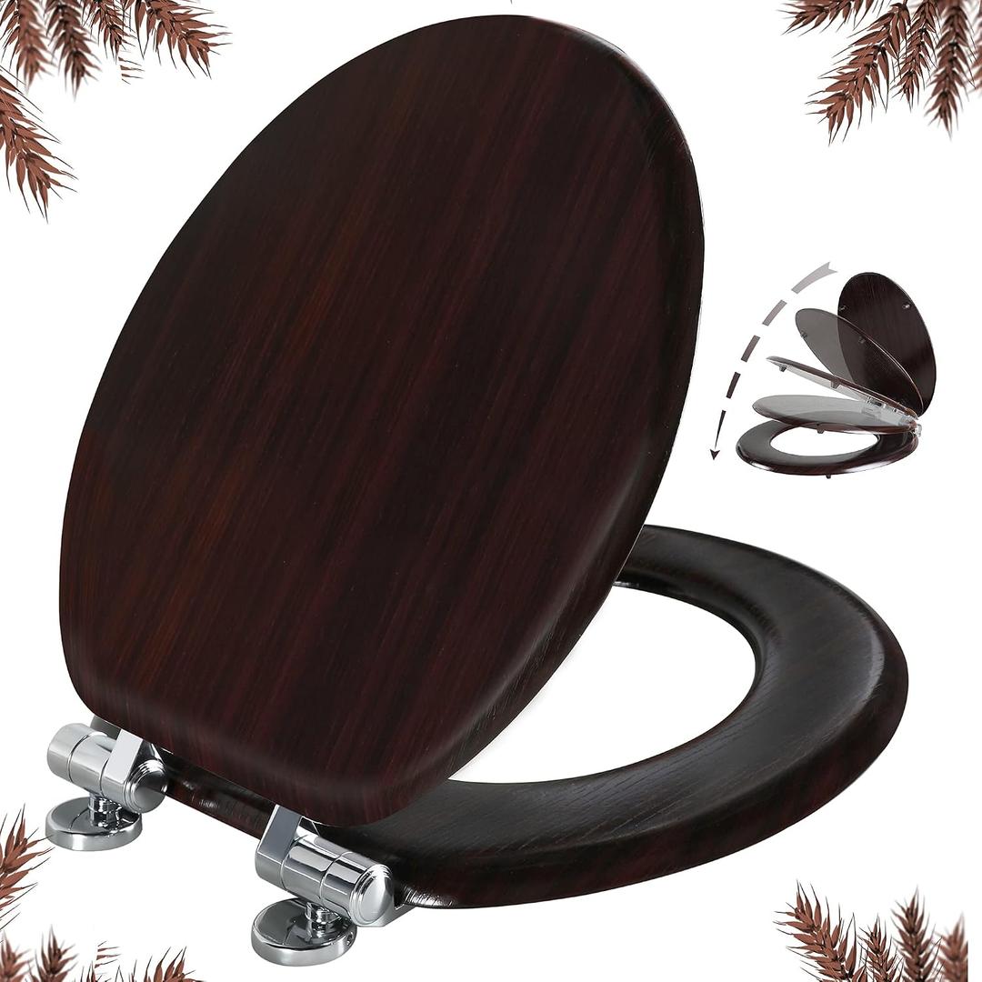 Slow Close Wood Toilet Seat, Quick-Release (Round, Dark Brown)