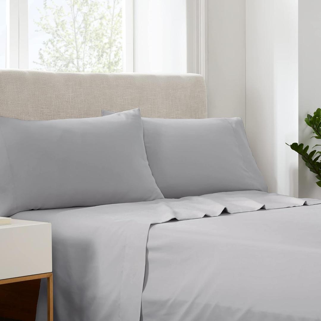 Serta Simply Clean Super Soft Hypoallergenic Stain Resistant Deep Pocket 4 Pieces Solid Bed Sheet Set, King, Silver Grey