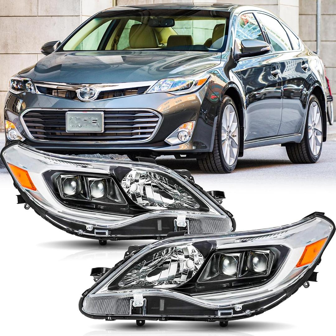 Headlights Assembly Pair for 2013 2014 2015 Toyota Avalon Halogen Projector Head Lamps Replacement Driver and Passenger Side,Chrome Housing Amber Reflector