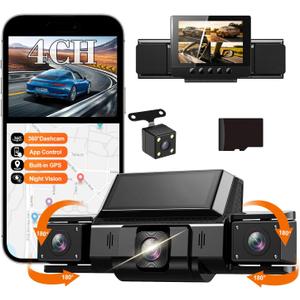 Dash Cam 360° View 4 Channel Car Camera, Front Rear Left Right 4 Way Recording, GPS WiFi APP Control, G-Sensor 24H Parking Mode, IR Night Vision WDR Wide Angle, Free TF Card Included
