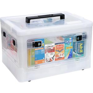 Extra Large Medicine Storage Box with Handles, First Aid Box Clear Medical Supply Organizer with Removable Tray, Multipurpose Plastic Medicine Chest with Wheels (20QT)