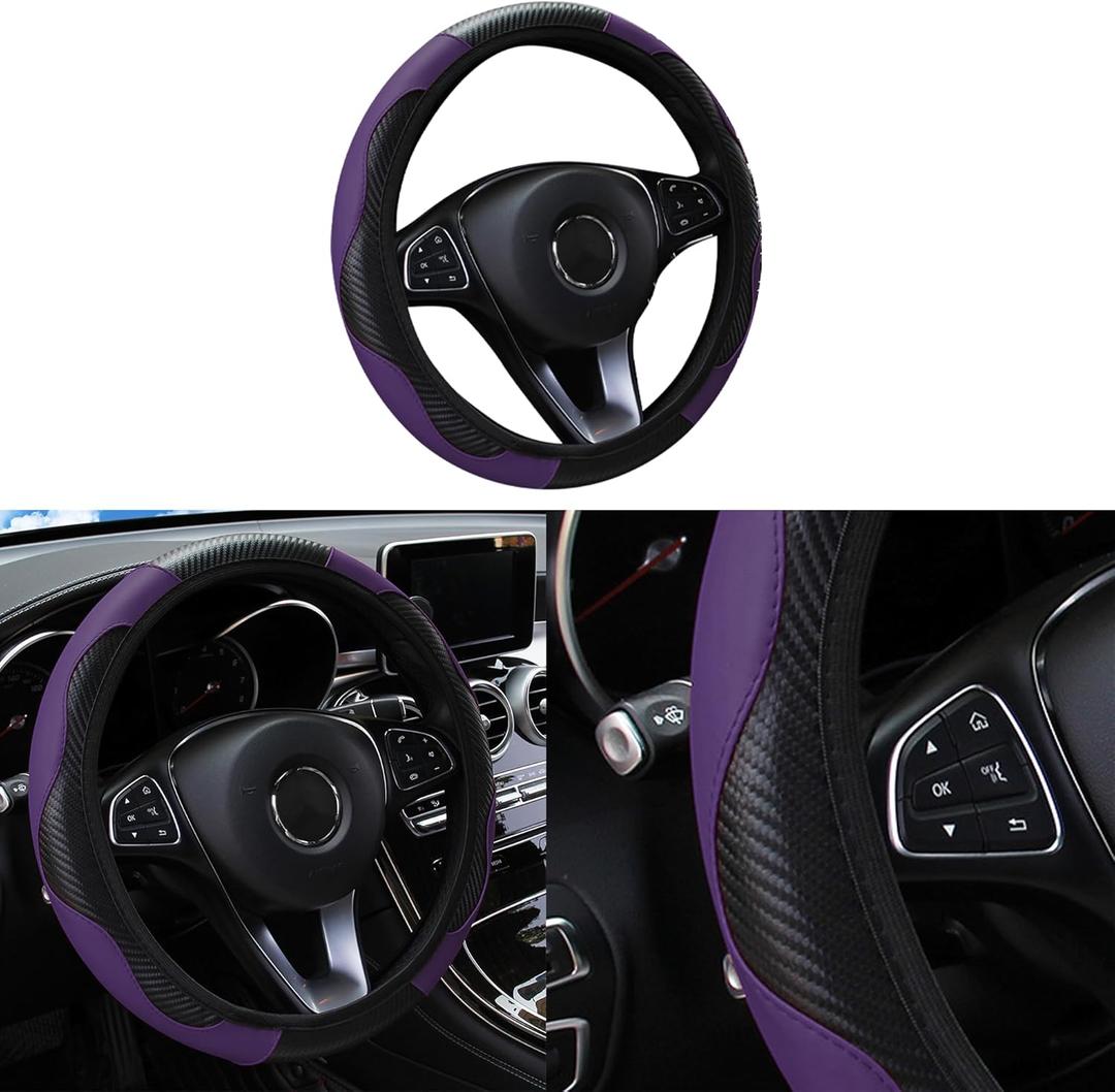 Car Steering Wheel Cover, 15 inch Carbon Fiber Microfiber PU Leather Elastic Steering Wheel Protector for Men Women, Anti-Slip Breathable Car Interior Accessories for Most Cars (Purple)