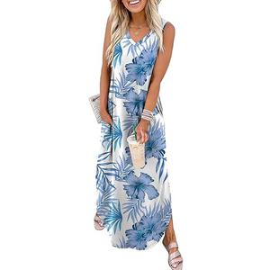 Sampeel Summer Dresses Maxi Dress Vacation Beach Sundresses 2025 with Pockets Large,Floral Blue Tropical Leaves