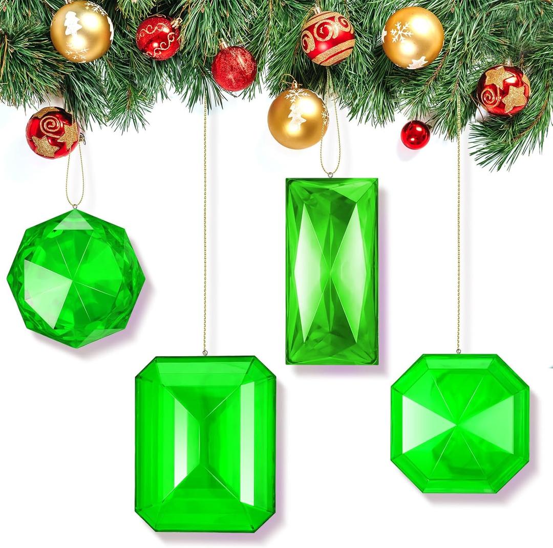 4 Pack Jewel Ornaments 3.9"- 6.2" Acrylic Rectangle Jewel Hanging Decors Christmas Tree Hanging Ornaments Glitter Xmas Rectangle Gemstones for Wedding Holiday Party Decor(Green)