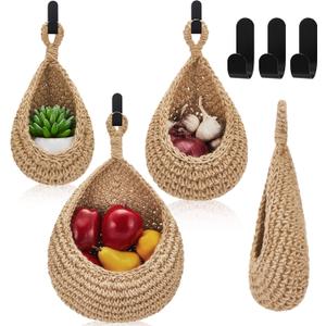 Honeydak Boho Decor Hanging Wall Baskets for Kitchen 3 Pack Teardrop Baskets with Hooks Storage Fruit Onion Vegetable Potato for Home 3 Sizes(Light Linen,Teardrop,Cotton Rope)