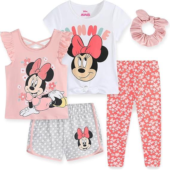 Disney Minnie Mouse Little Mermaid Girls 5 Piece Set with 2 Tops, Leggings, Shorts & Scrunchie for Toddlers & Big Kids, 6
