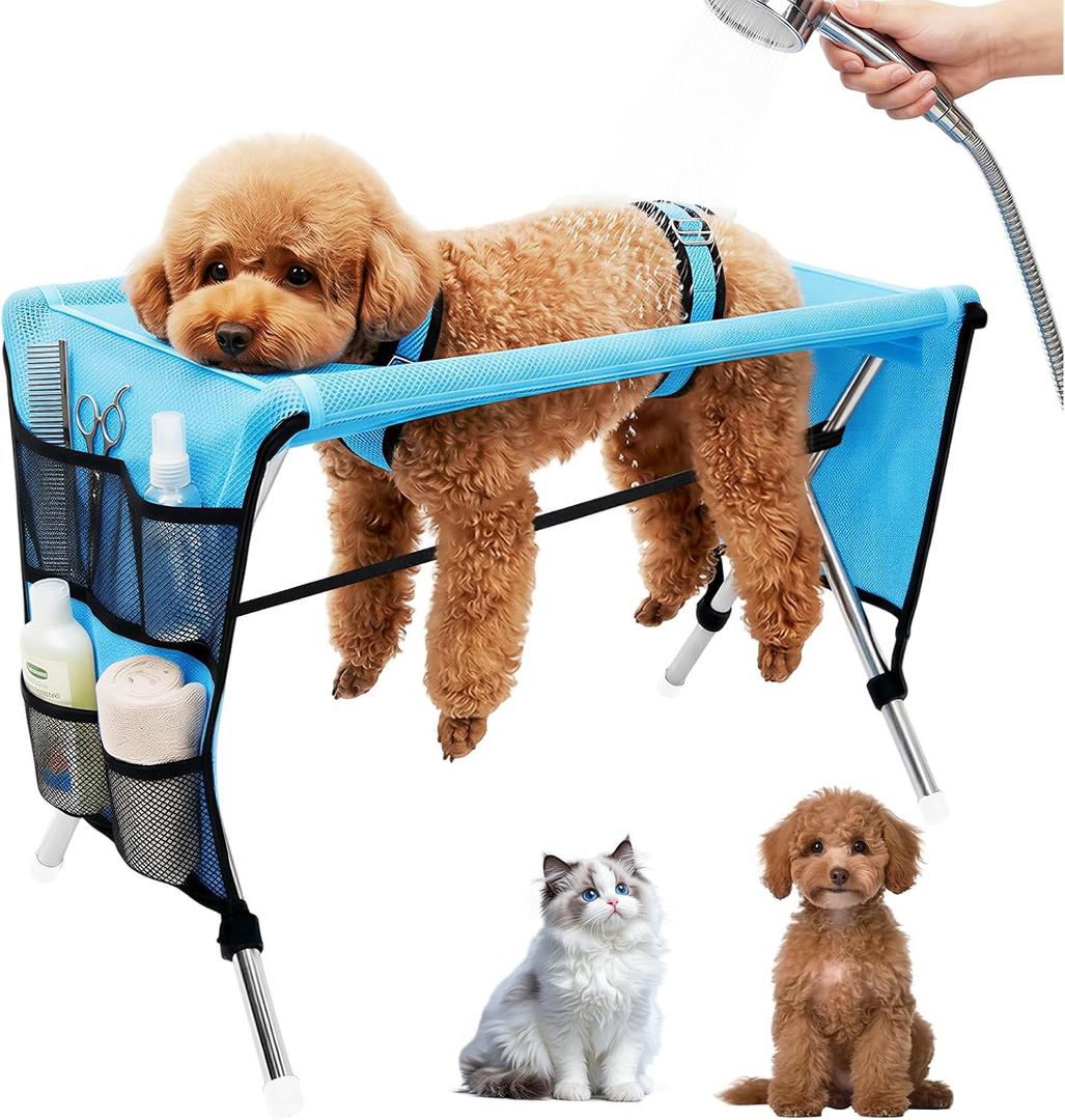 Pet Grooming Hammock for Small Dogs Cats Under 30 lbs, Stainless Steel Bracket, 30-Pound Weight Capacity, Foldable Dog & Cat Grooming Table for Nail Trimming, Bathing & Care
