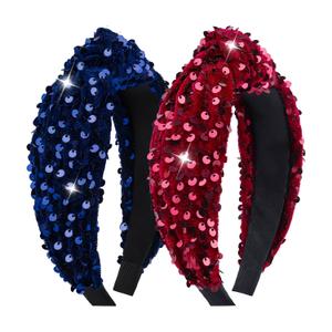 Sparkly Knotted Headband for Women Hair Accessories Girls Sequin Headband Fashion Velvet Headbands Large Hairbands Red and Blue Head Bands Glitter 2Pcs (4-Navy,Claret)