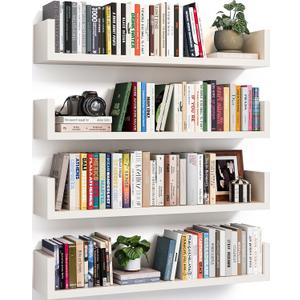 Floating Bookshelves for Wall - Wall Mounted Bookshelf Set of 4, U-Shaped Hanging Bookshelf for Bedroom, Living Room & Office, Wall Book Shelf for Home Decor & Storage (4, White, 23.63 Inches)