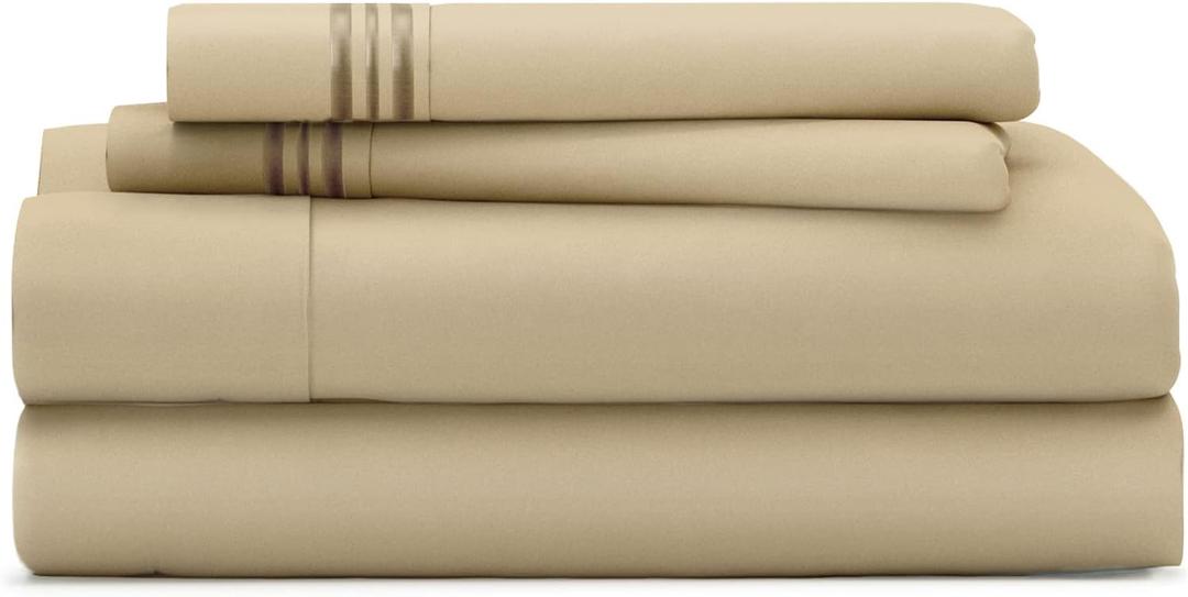 Cosy House Collection Everyday 1500 Series Bed Sheet Set - Ultra Soft & Cool Hotel Luxury Bedding - Deep Pocket - Wrinkle, Stain and Fade Resistant - 4 Piece Set, Queen, Sand 