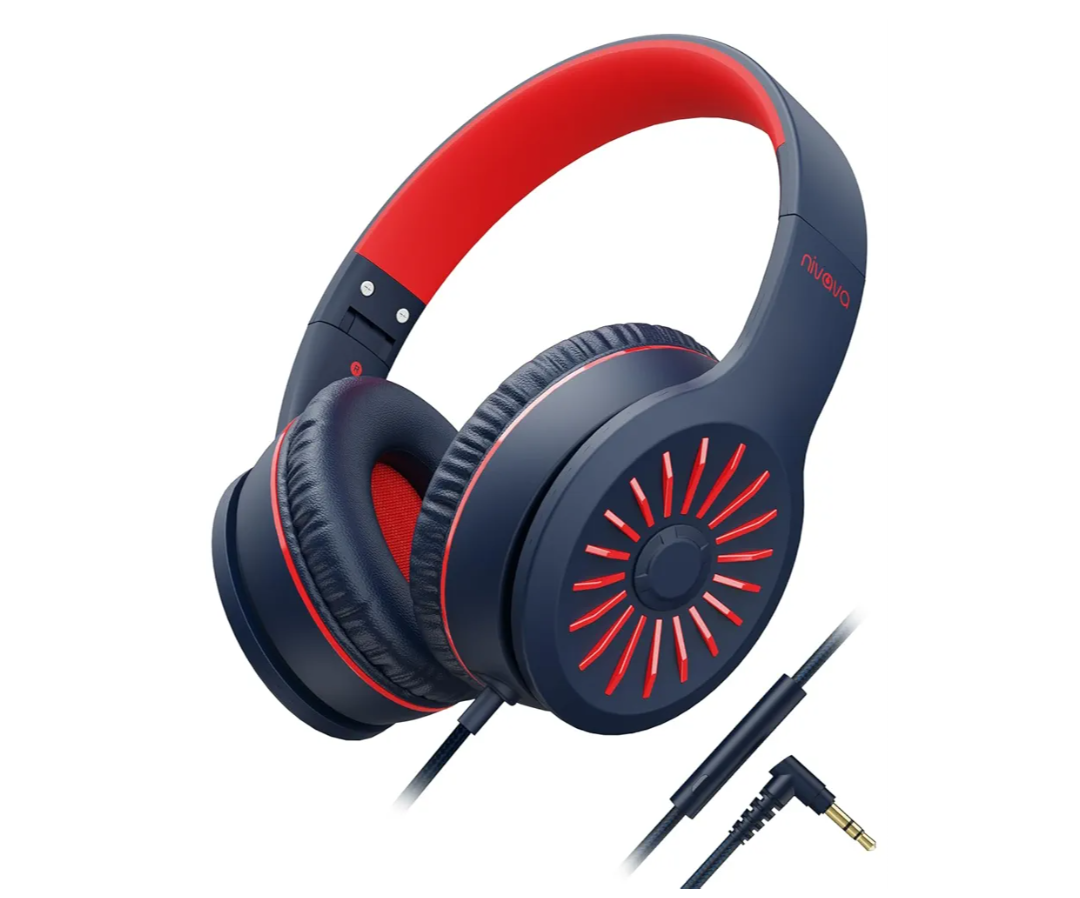 Wired Headphones with Microphone, K16 On-Ear Headphones for Kids with 3.5MM Jack, Foldable Stereo Bass Headphones for Teens School Amazon Kindle, Fire, Chromebook, Tablet(Dark Blue Red)