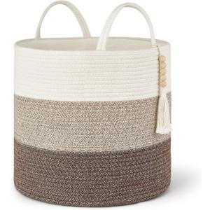 Mkono Woven Storage Basket Decorative Natural Rope Basket Wooden Bead Decoration for Blankets,Toys,Clothes,Shoes,Plant Organizer Bin with Handles Living Room Home Decor, 16"W  13.8"L