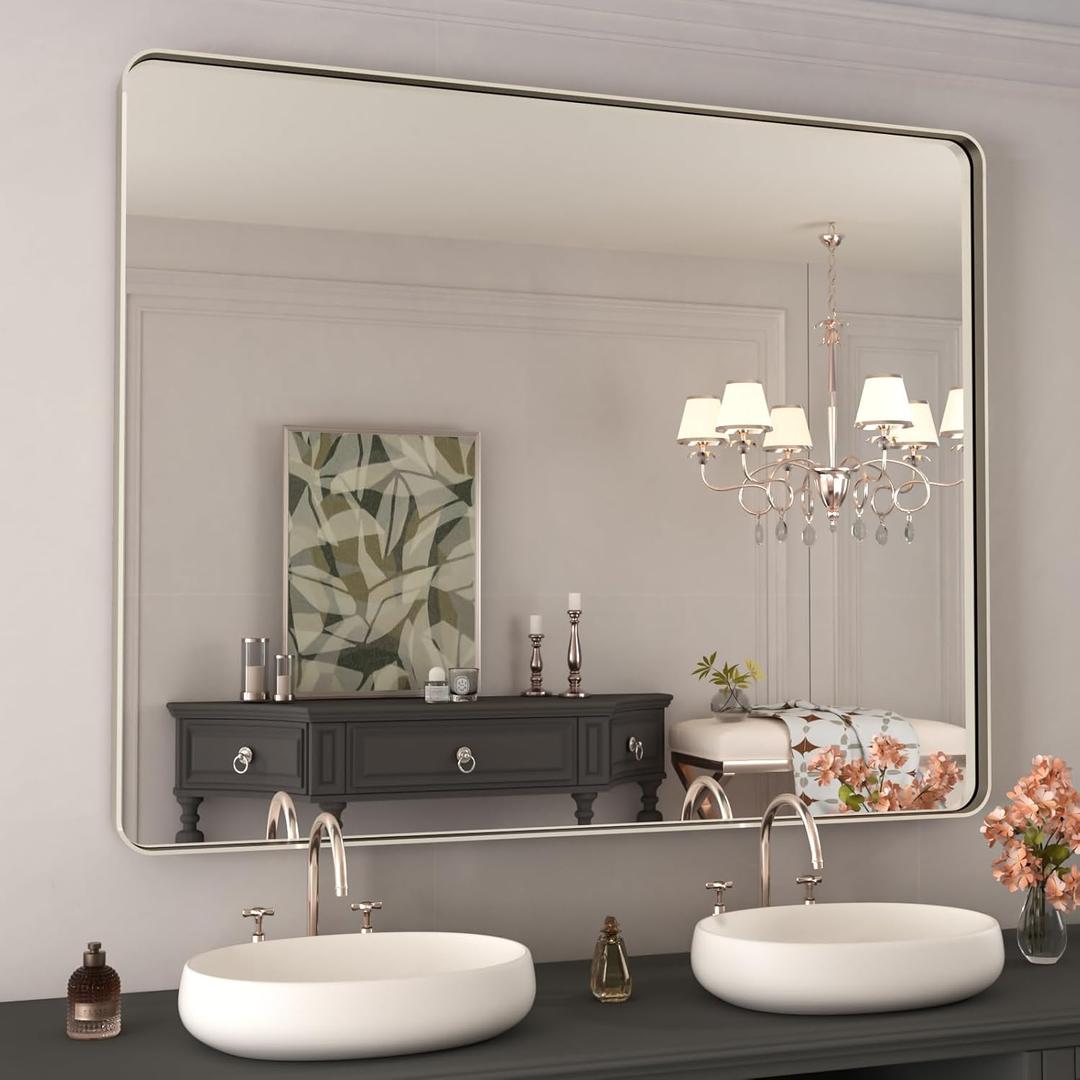WEER 40X32 Inch Brushed Nickel Bathroom Mirror, Brushed Silver Metal Frame Mirror, Rounded Rectangle Silver Bathroom Vanity Mirror, Tempered Glass, Anti-Rust, Hangs Horizontally or Vertically