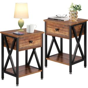VECELO Modern Nightstands X-Design Side End Table Night Stand Storage Shelf with Bin Drawer for Living Room,Bedroom,Lounge,Set of 2, Rustic Brown A2