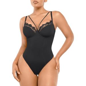 SHAPELLX Women's Shapewear Bodysuit Tummy Control Body Shaper Lace Sculpting Snatched Waist Body Suit V Neck Thong Bodysuit, XX-Large, Black