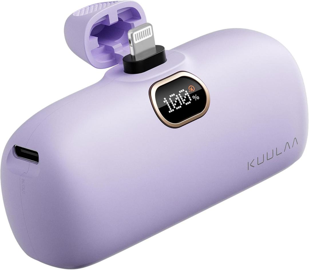 Kuulaa Portable Charger with Built-in Lightning Cable 5000mAh Small iPhone Fast Charging Mini Portable Phone Charger for iPhone 14/13/13 Pro/12/12 Pro/11/XR/XS/X/8/7/6, Purple