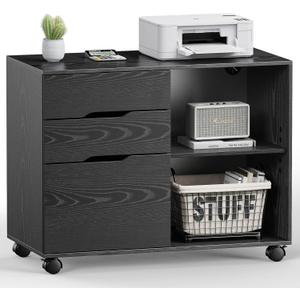 DUMOS File Cabinet with 3 Drawers, Wood Under Desk Storage Printer Stand | Rolling Lateral Filing Cabinet with Adjustable Shelves for Home Office Study Organization,Black