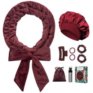 No Heat Overnight Hair Curlers - 70" Soft Ribbon Curl Wrap with 9 Curling Rods, Headband for Long Hair Rollers - Burgundy