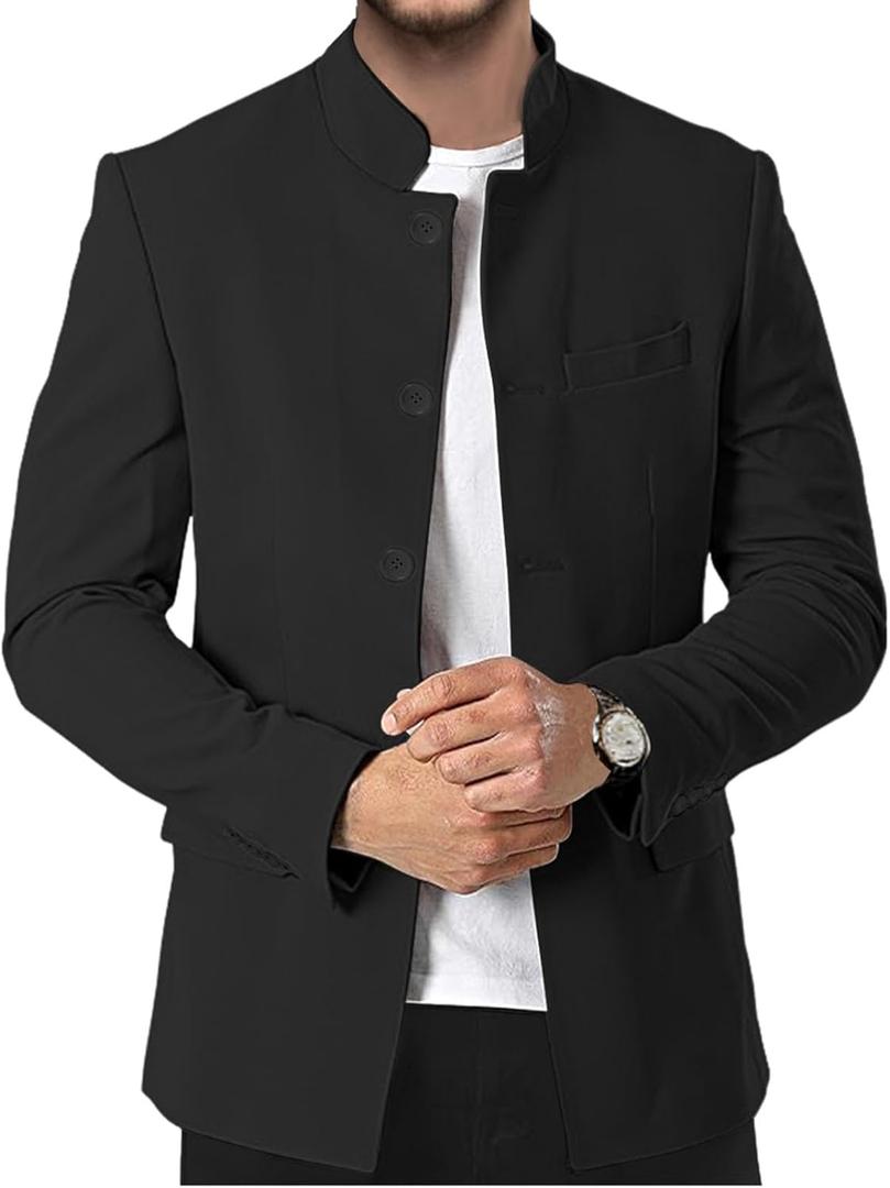 Men's Chinese Tunic Suits Stand Collar Jacket Slim Fit 2 Piece Suits Traditional Uniform Blazer Pant Set (3X-Large, Black)