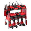 Power Tool Organizer Wall Mount with Charging Station, Heavy Duty 3 Layers Tool Storage Rack with 4 Cordless Drill Holder, Battery Holder with 8 Power Strip, Ideal for Garage, Warehouse, Workshop