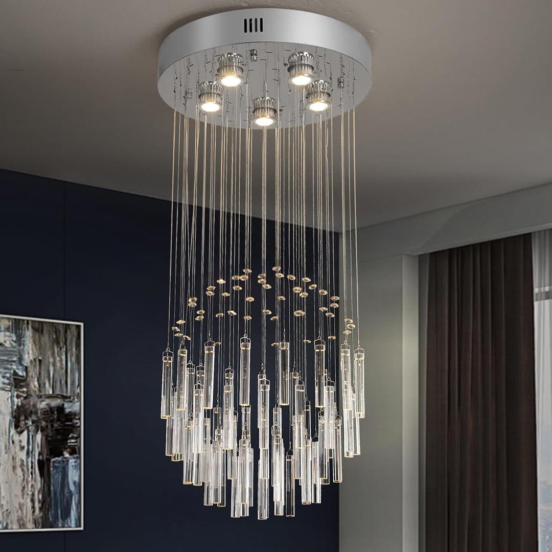 GreeLustr Modern Crystal Pendant Light Silver, 5-Light Multi-Line Pendant Lighting, Adjustable Hanging Ceiling Chandelier Light Flush Mount for Hallway, Dining Room, Bedroom, GU10 Cylinder Circle