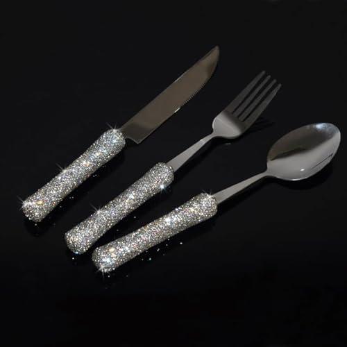 Bestbling Bling Rhinestone Crystal Dazzling Culinary Utensils Travel Set for Office, Lunch, and Travel (3, Silver)
