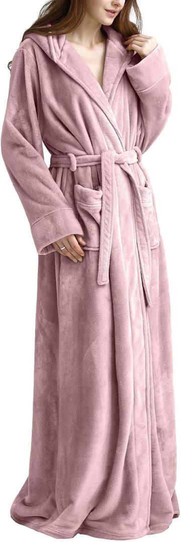 Flygo Womens Fuzzy Plush Long Hooded Robe Full Length Flannel Fleece Bathrobe Warm Housecoat (Medium, Dusty Pink)