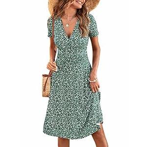 MSBASIC Sundresses for Women 2026 Casual Beach Wrap Floral Dress V Neck Summer Spring Dresses(A-Green Floral,Small)