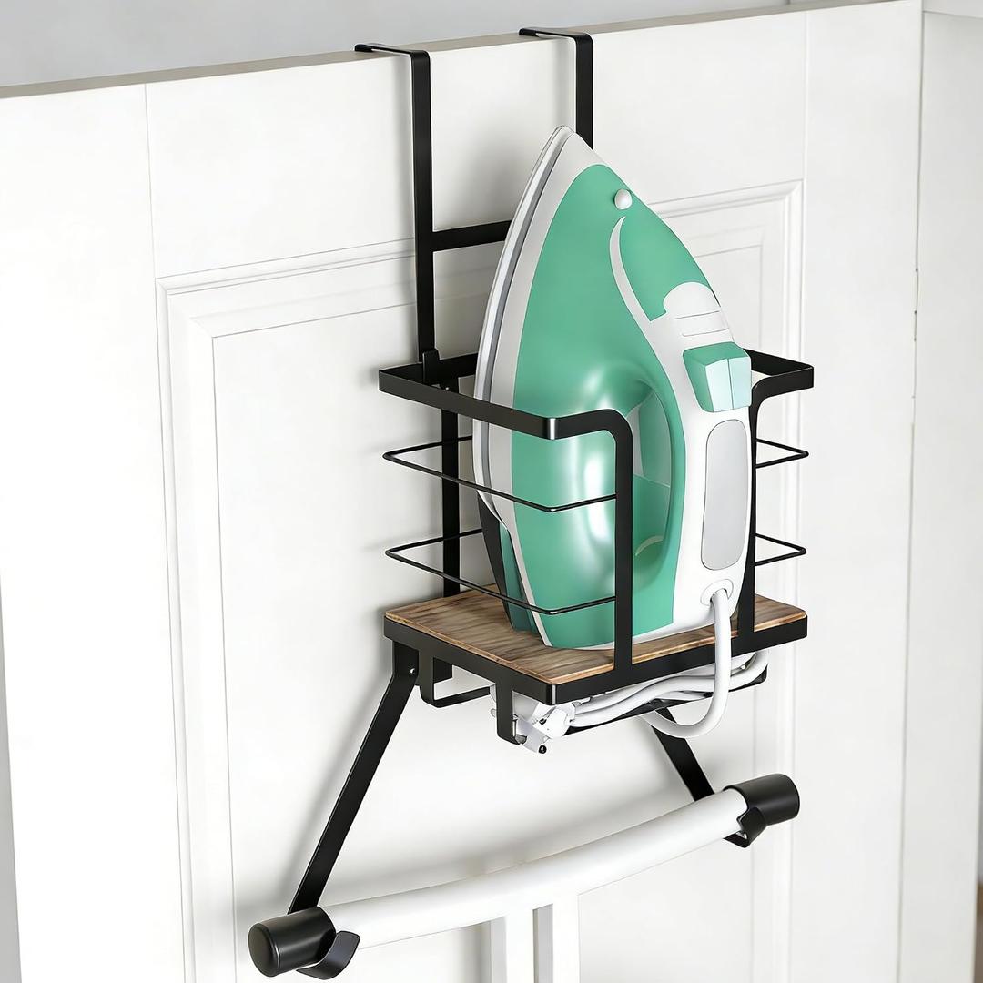 Ironing Board Hanger Wall Mount, Over the Door Iron Board Holder, Wooden & Metal Laundry Room Organizer, Anti-Slip Fence Design, Fits T/Y-Leg, Black