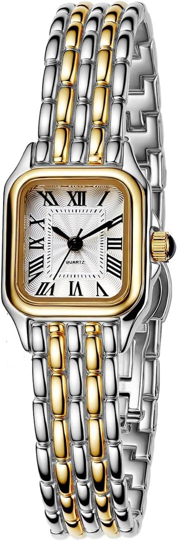 BESTKANG Watches for Women Vintage Square Classic Luxury Watch with Roman Numerals Dial Gold Silver Two-Tone Stainless Steel Band Elegant Dress Women's Wrist Watch