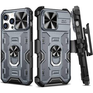 VEGO for iPhone 15 Pro Max Case, Slide Camera Cover & Belt Clip Holster & Magnetic 360Ring Kickstand Military Grade Heavy Duty Protection Cover for iPhone 15 ProMax - Dark Grey