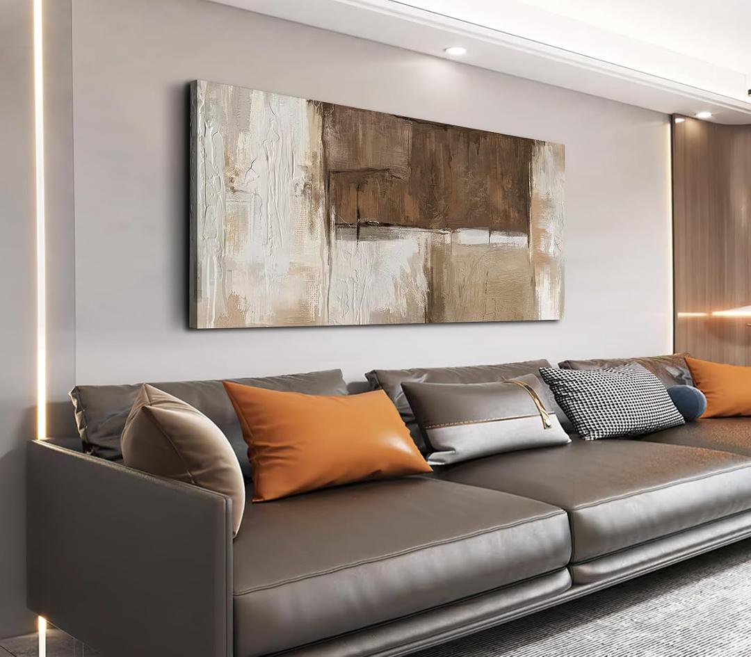 NINEASO Large Rustic Abstract Wall Art (Beige Brown, Gallery Wrap, 48" X 24"), Vintage Neutral Abstract Pictures Wall Decor Modern Minimalist Artwork Canvas Painting Prints for Living Room Office