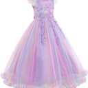 Flower Girls Maxi Dress Bridesmaid Wedding Pageant Party Princess Communion Floral Boho Vintage Lace Dance Gown, Size 140 (Purple)