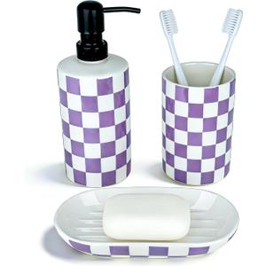 Bathroom Toothbrush Holder Set, Ceramic Soap Dispenser and Tooth Brush Holder& Soap Dish Set 3Pcs, Bathroom Accessories Sets Countertop, Purple Lavender Checkered Bathroom Decor