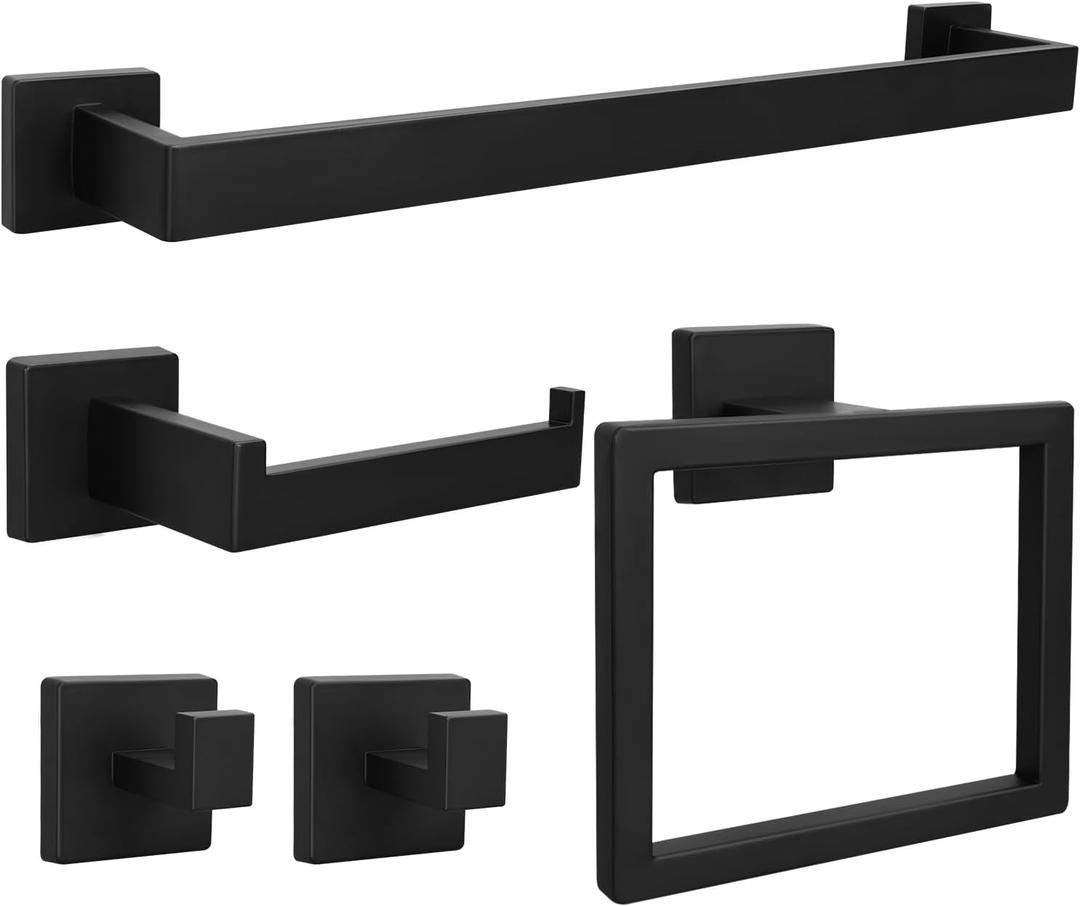 5pcs Bathroom Hardware Set, 24in Towel Bar Set, Including Square Towel Bar Square Towel Ring Toilet Paper Holder Towel Hooks, Set SUS304 Stainless Steel, Wall Mounted (Black)