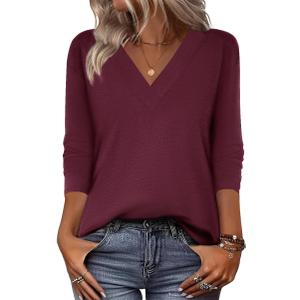 Zeagoo Women Long Sleeve Tops Dressy Casual V Neck Tshirts Basics Tee 2025 Fall Trendy Clothes (Small, Red)