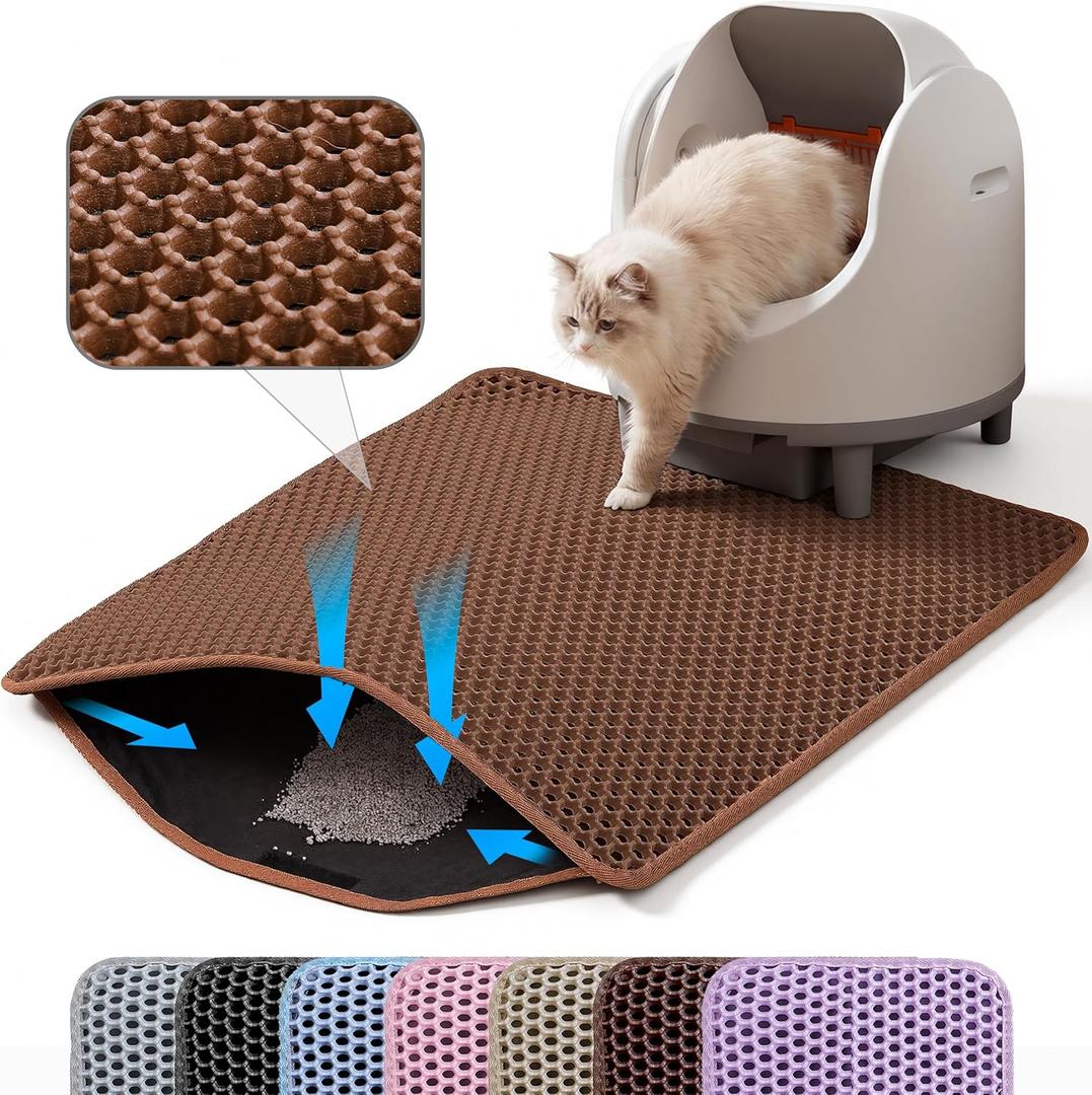 Small Cat Litter Mat, 20x14 Double Layer Honeycomb Cat Litter Box Mat, Non Slip Waterproof Urine Proof Litter Trapping Mat for Floor, Kitty Litter Pad, Indoor Pet Supplies, Brown