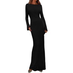 PRETTYGARDEN Women's Fall Fashion 2025 Long Sleeve Maxi Dress Ribbed Knit Boat Neck Bodycon Casual Dresses Going Out Outfits (Medium, Black)