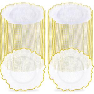 100Pcs Clear Charger Plates Bulk Wedding - 13" Premium Plastic Ruffled Gold Rim Chargers with Flora Reef Design，Decorative Dinner Charger Plates for Events & Parties