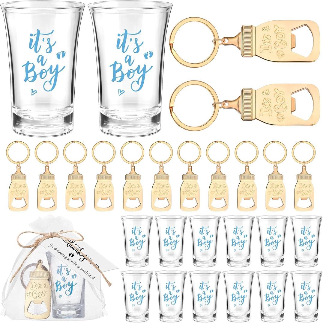 Vesici 20 Sets Baby Shower Favors for Girls Boys Acrylic Shot Glasses Gold Bottle Opener Keychains Thank You Tags and Bags for Baby Shower Party Gender Reveal Party Guests Return Gift(It's A Boy)