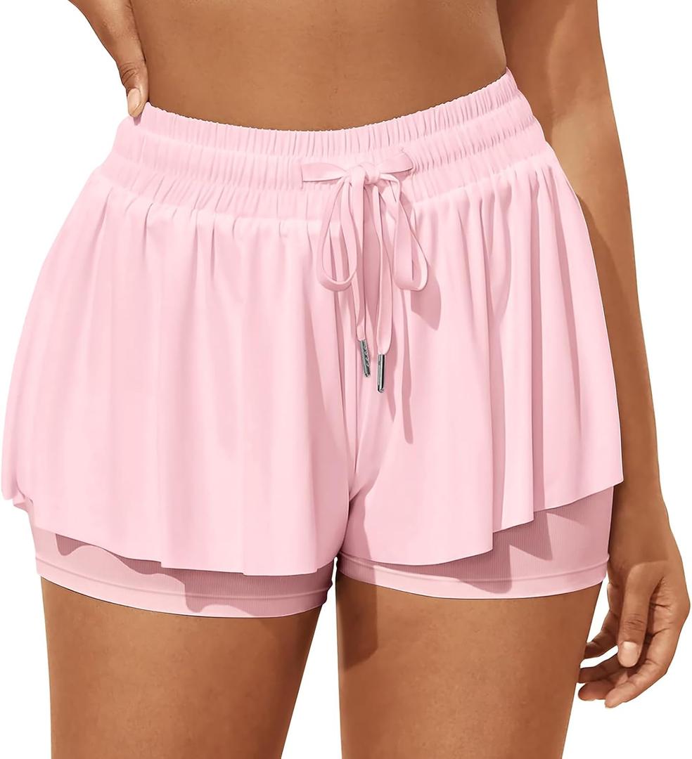 GOBLES Women's Summer High Wide Waistband 2 in 1 Butterfly Workout Athletic Tennis Shorts (Pink, L)