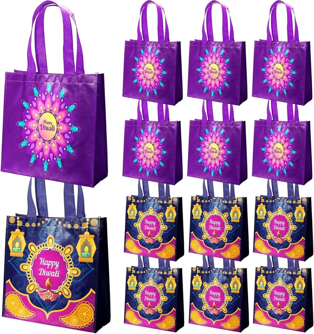ANYMONYPF 20PCS Diwali Gift Bags Happy Diwali Non-woven Gift Bags with Handle Reusable Treat Goodie Bags Bulk for Indian Deepavali Light Festival Party Decorations Favors Bags