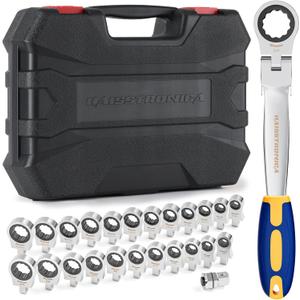 haisstronica 24 in 1 Interchangeable Heads Ratchet Wrench Set with 3/8 in Adapter, Metric & SAE 8-19mm and 1/4-3/4 inch Flex Head Combination Wrench Sets for Auto, Mechanic Tools for Men Gifts (Blue&yellow)
