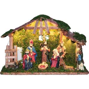 Nativity Sets for Christmas Indoor with LED Light The Real Life Naticity Scene 10-Piece Christmas Nativity Set with Resin Nativity Figures and Wooden Stable