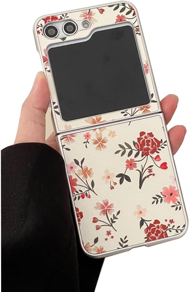 Woman Flower Case for Galaxy Z Flip 5 Cute Design, Vintage Red Floral Case for Samsung Galaxy Z Flip 5 Girly Style, Lovely Protective Case for Z Flip 5 PU Leather Cover